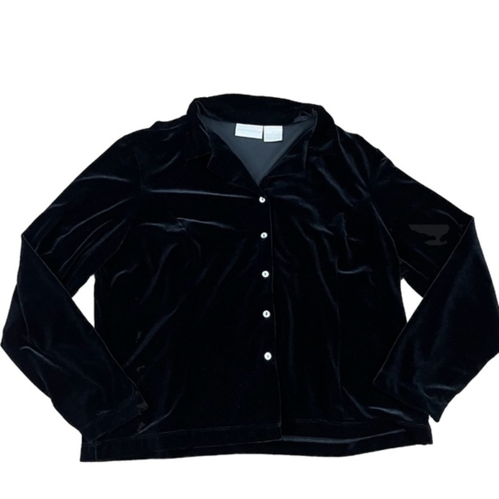 Black Velvet Velour Button Front Long Sleeve Shirt Women Sz 16‎  Pearl Buttons